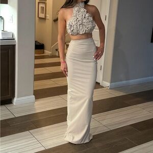 Embellished cream floral 2 piece open back evening gown very elegant